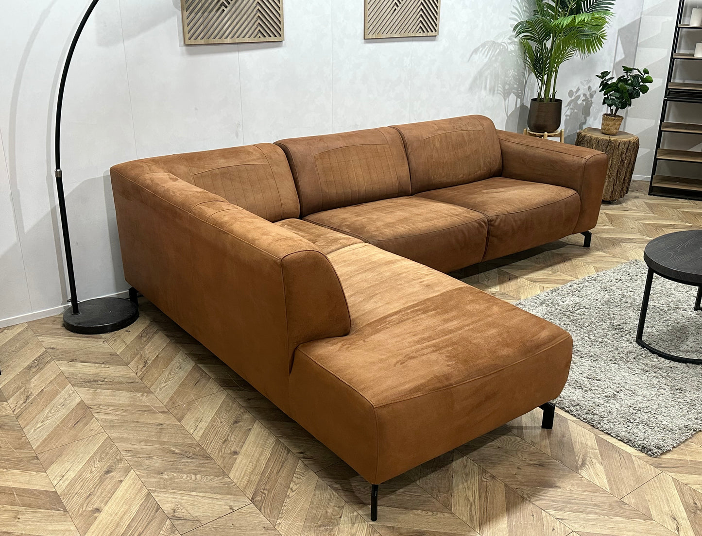 Cognac Bruine Suède Stoffen Hoekbank ~ Vaste Kussens