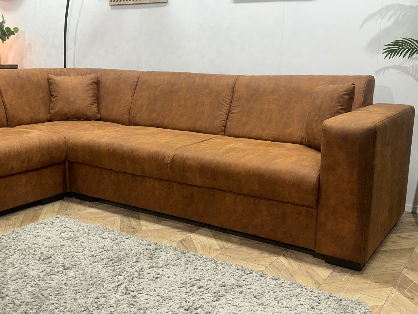 !Showroommodel! Cognac Bruine Suède Stoffen Hoekbank