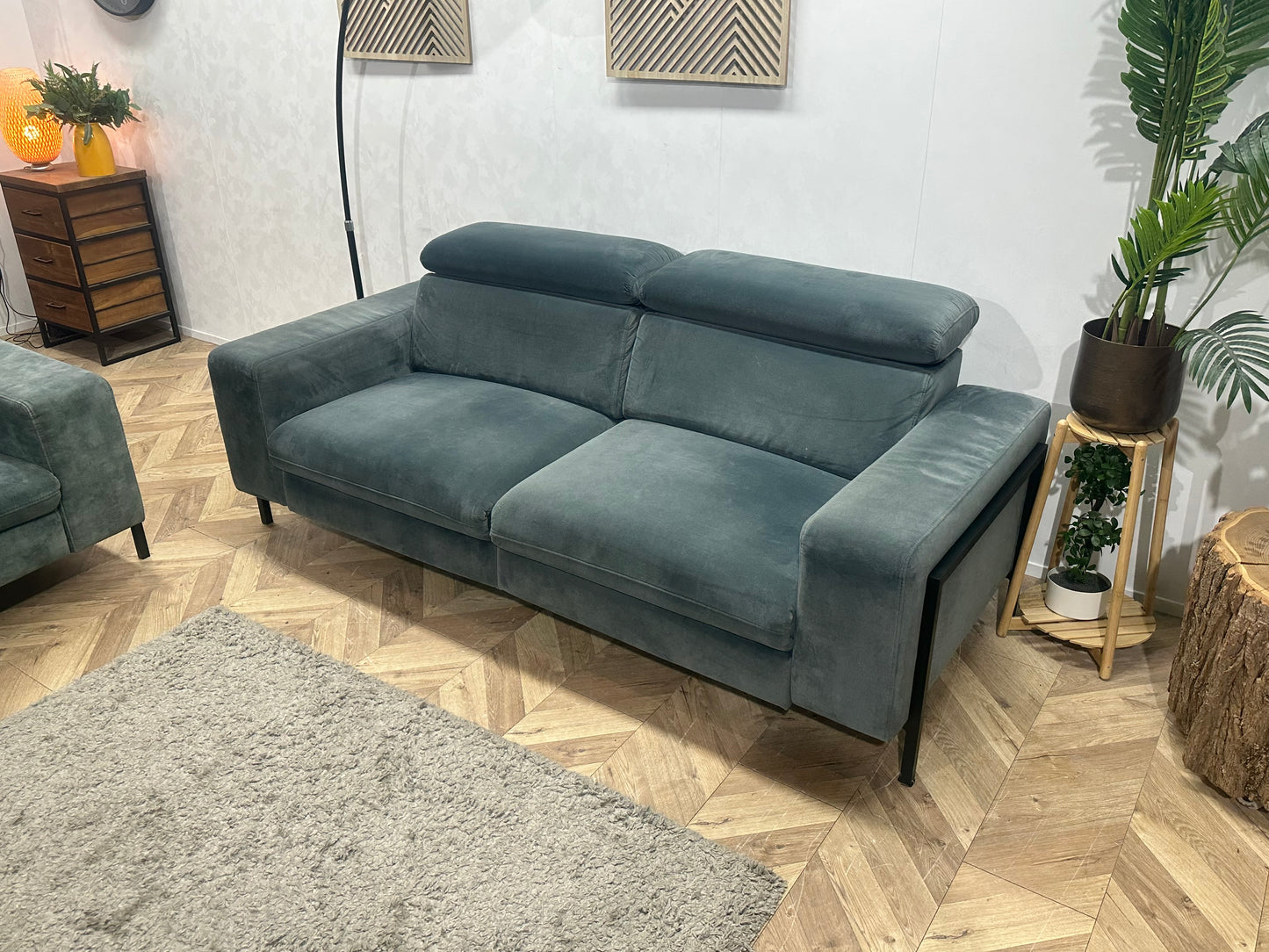 Feelings Blauw/Grijze Velvet 2,5-Zits Bank Inc Groen/Grijze Velvet Fauteuil ~ Verstelbare Hoofdsteunen