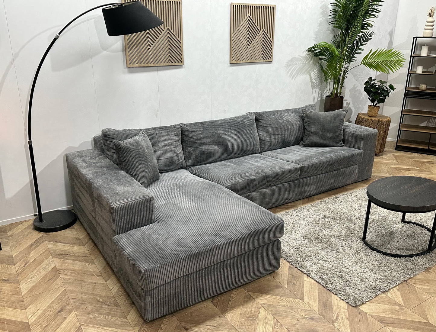 Licht Grijze Ribstof Hoekbank ~ Losse Kussens Met Afneembare Hoezen