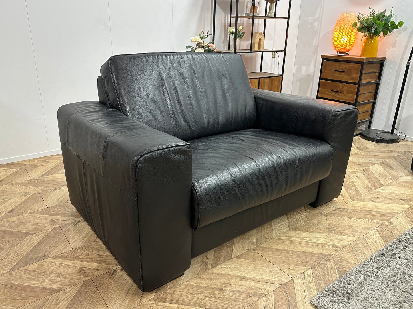 H&H Zwart Lederen Banken Set Incl Hocker ~ Vaste Kussens