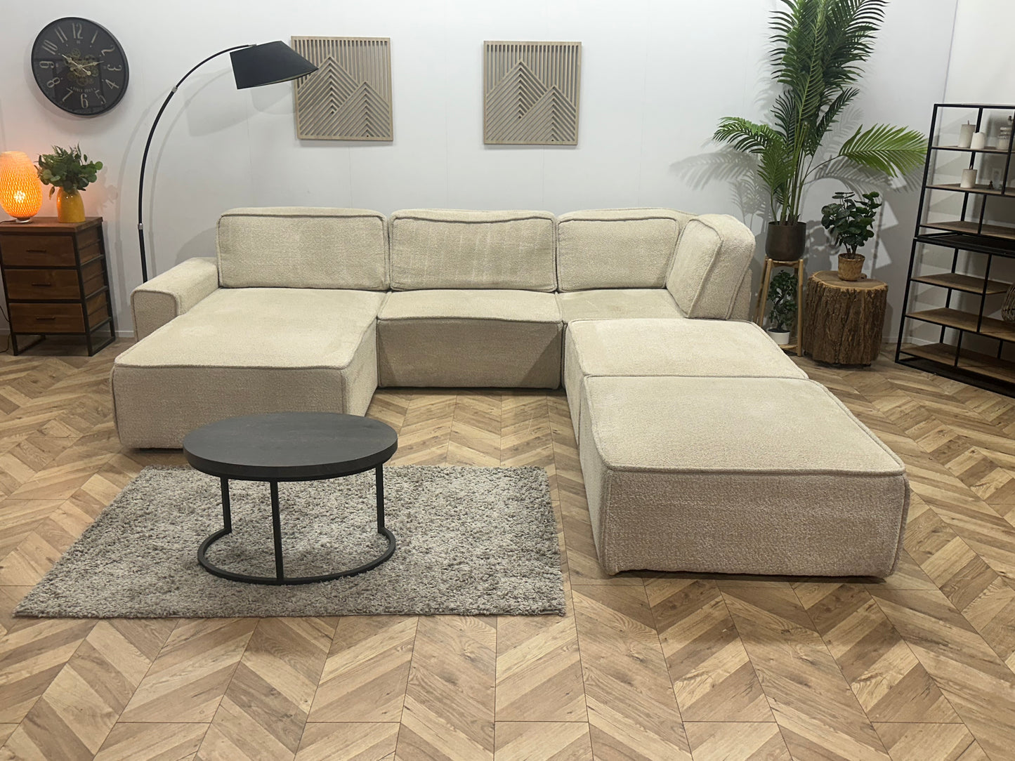 Crème Modulaire Bouclé Stoffen U Bank ~ Losse Rugkussens Met Afneembare Hoezen