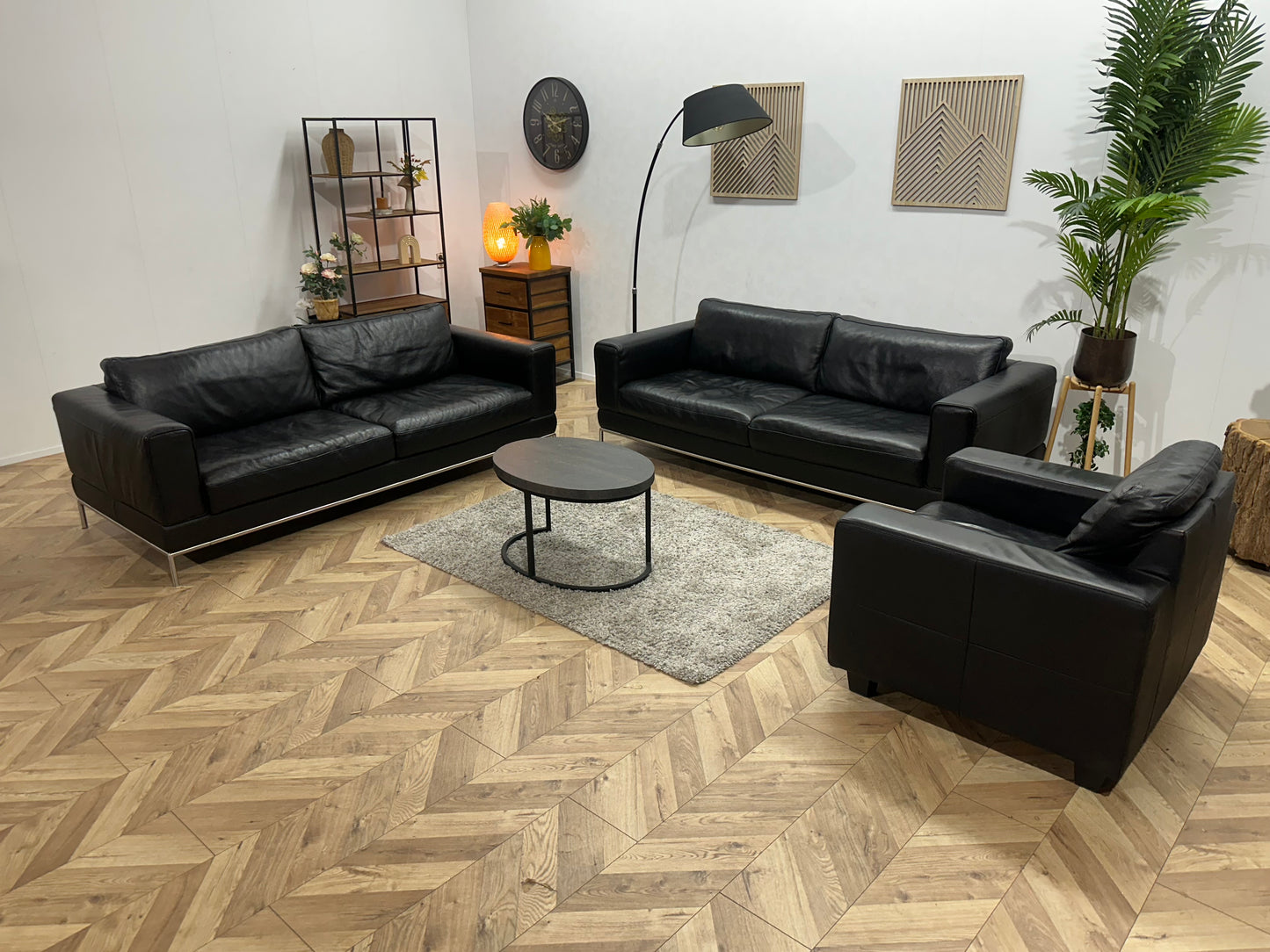 Zwarte Echt Lederen Banken Set Inc Fauteuil ~ Vaste Kussens