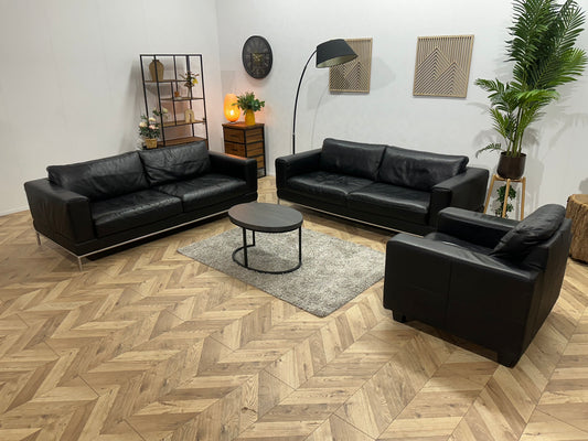 Zwarte Echt Lederen Banken Set Inc Fauteuil ~ Vaste Kussens