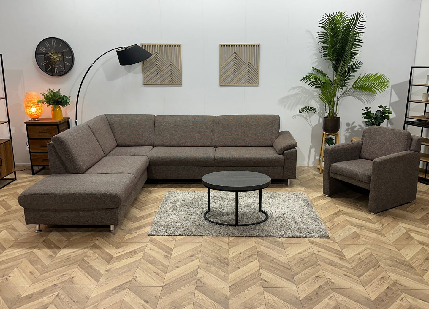 Grijze/Bruine Hoekbank Inc Fauteuil ~ Vaste Kussens