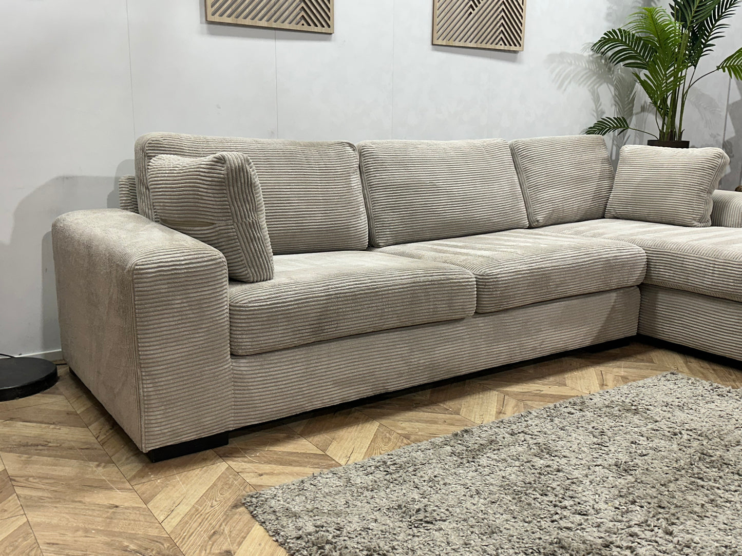 Licht Grijze Ribstof Hoekbank ~ Losse Kussens Met Afneembare Hoezen