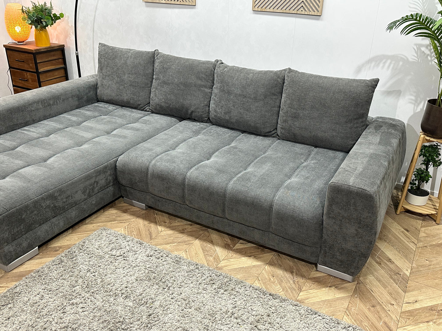 Antraciet Ruime Suede Stoffen Hoekbank ~ Nieuwstaat
