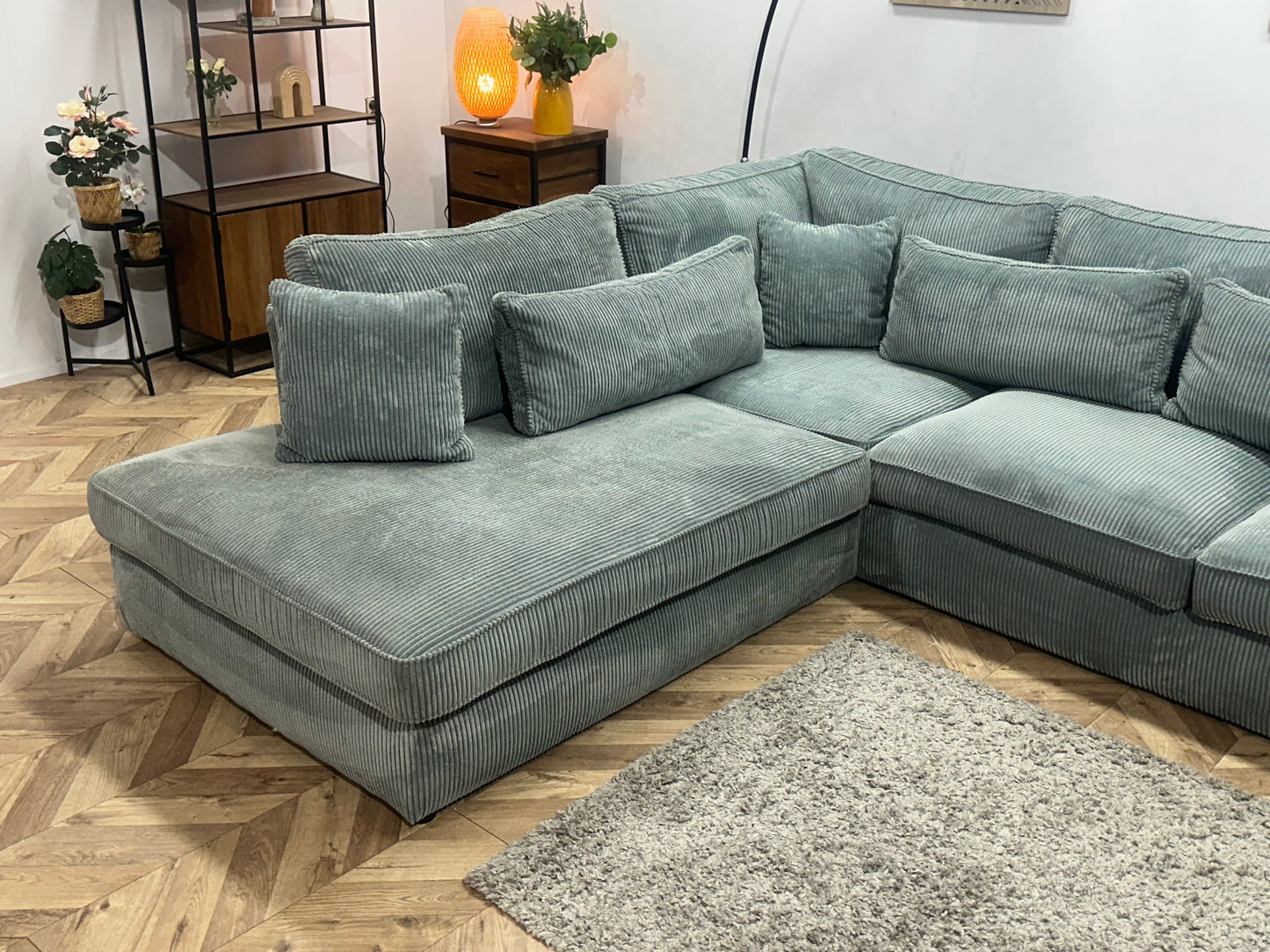 Licht Blauwe Ribstof Hoekbank ~ Losse Kussens Met Afneembare Hoezen