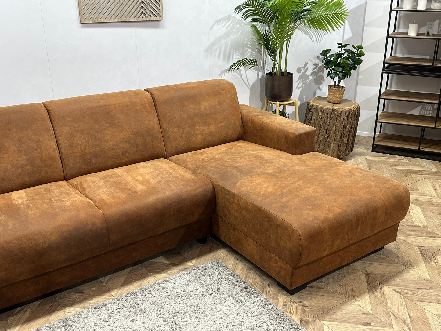 Cognac Bruine Suède Stoffen Hoekbank ~ Vaste Kussens