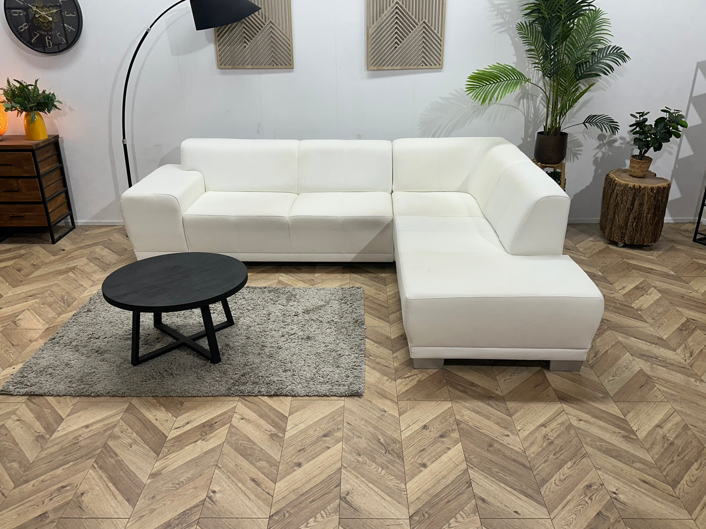 Witte Leather Look Hoekbank ~ Vaste Kussens