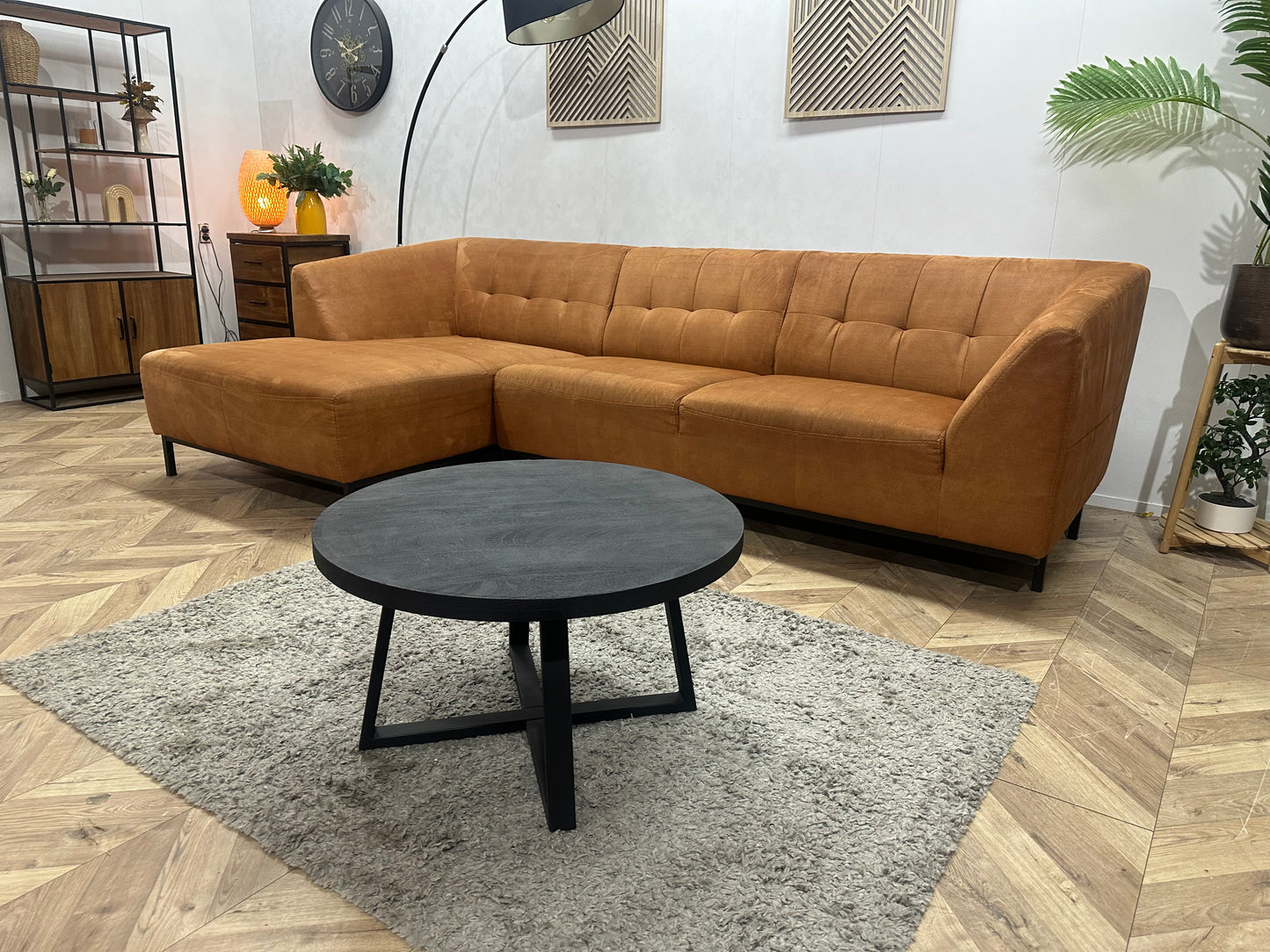 Cognac Bruine Suède Stoffen Hoekbank ~ Vaste Kussens