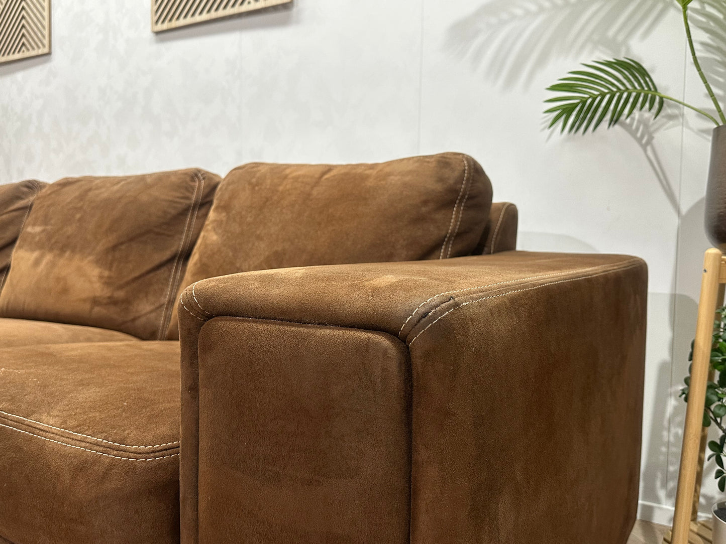 Cognac Bruine Velvet Hoekbank ~ Vaste Kussens