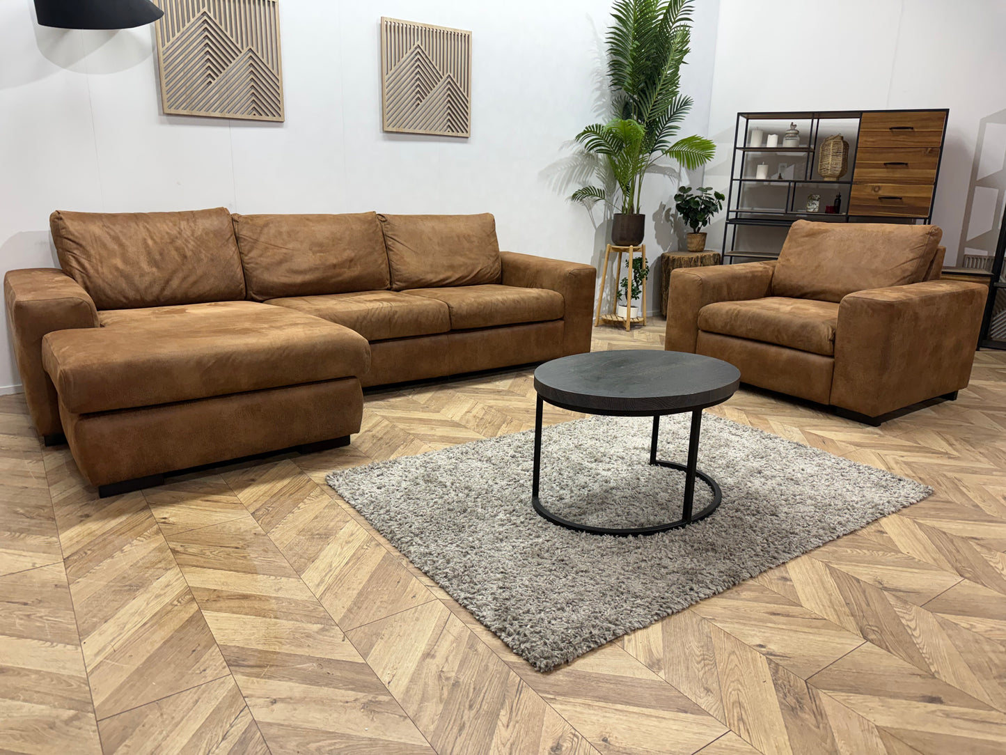 Cognac Bruine Suède Lederen Hoekbank Incl. Fauteuil