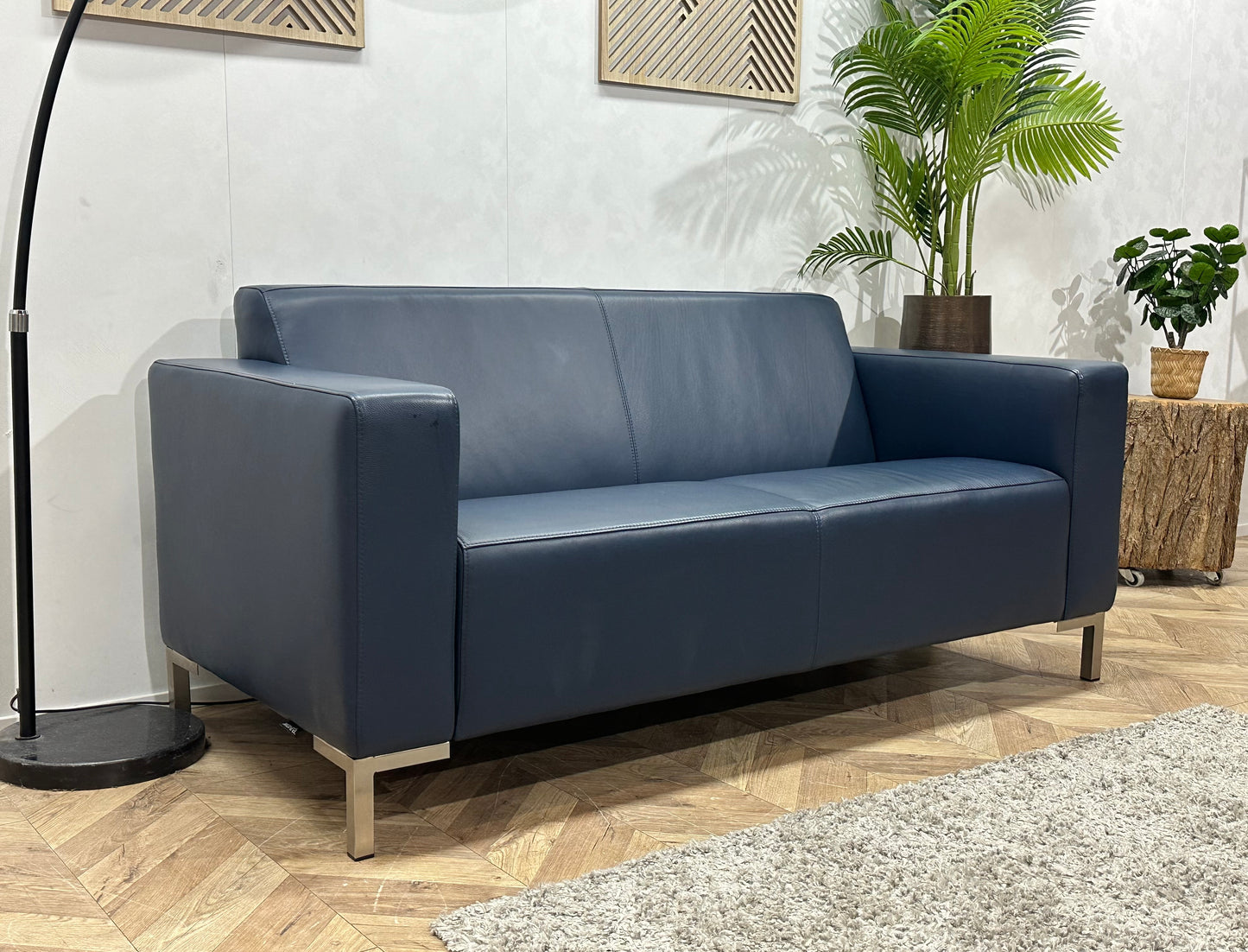 Montèl Blauwe Echt Lederen 2.5-Zits Bank ~ Vaste Kussens