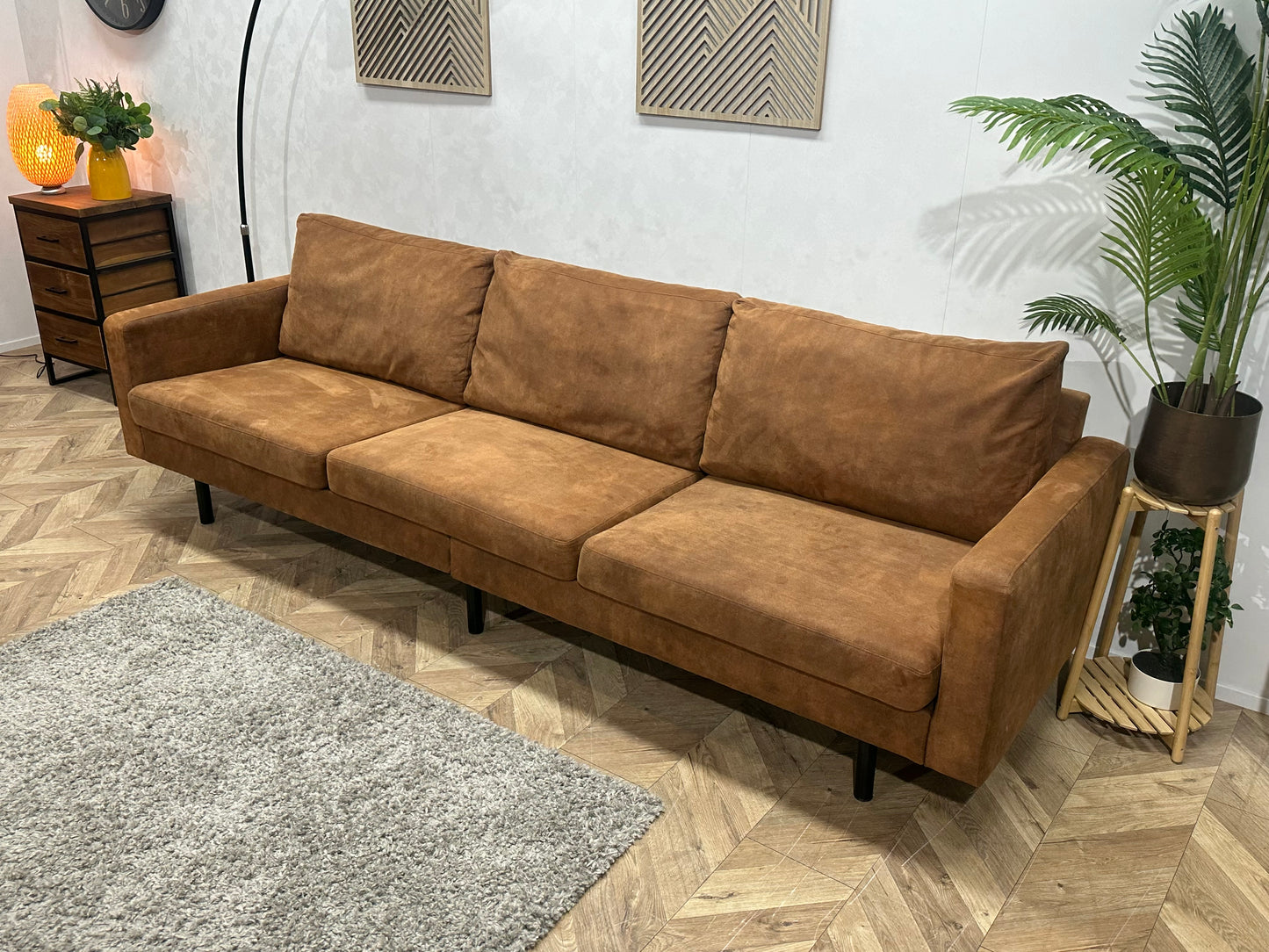 Cognac Bruine Suède Stoffen 3-Zits Bank ~ Losse Kussens Met Afneembare Hoezen