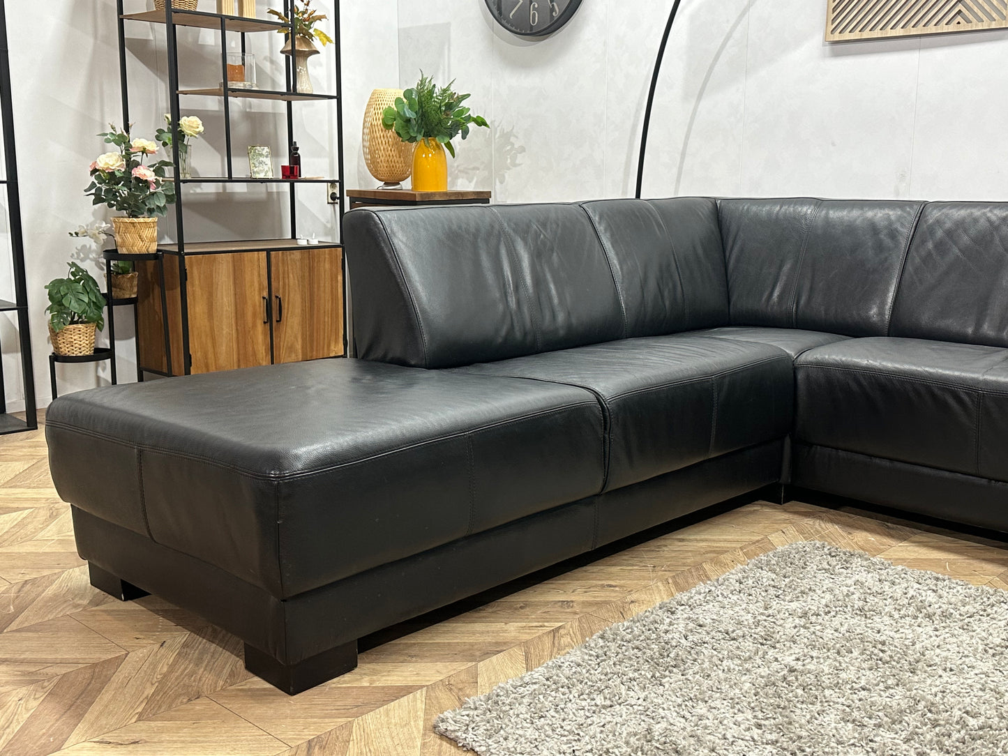 Zwart Echte Lederen Hoekbank ~ Vaste Kussens