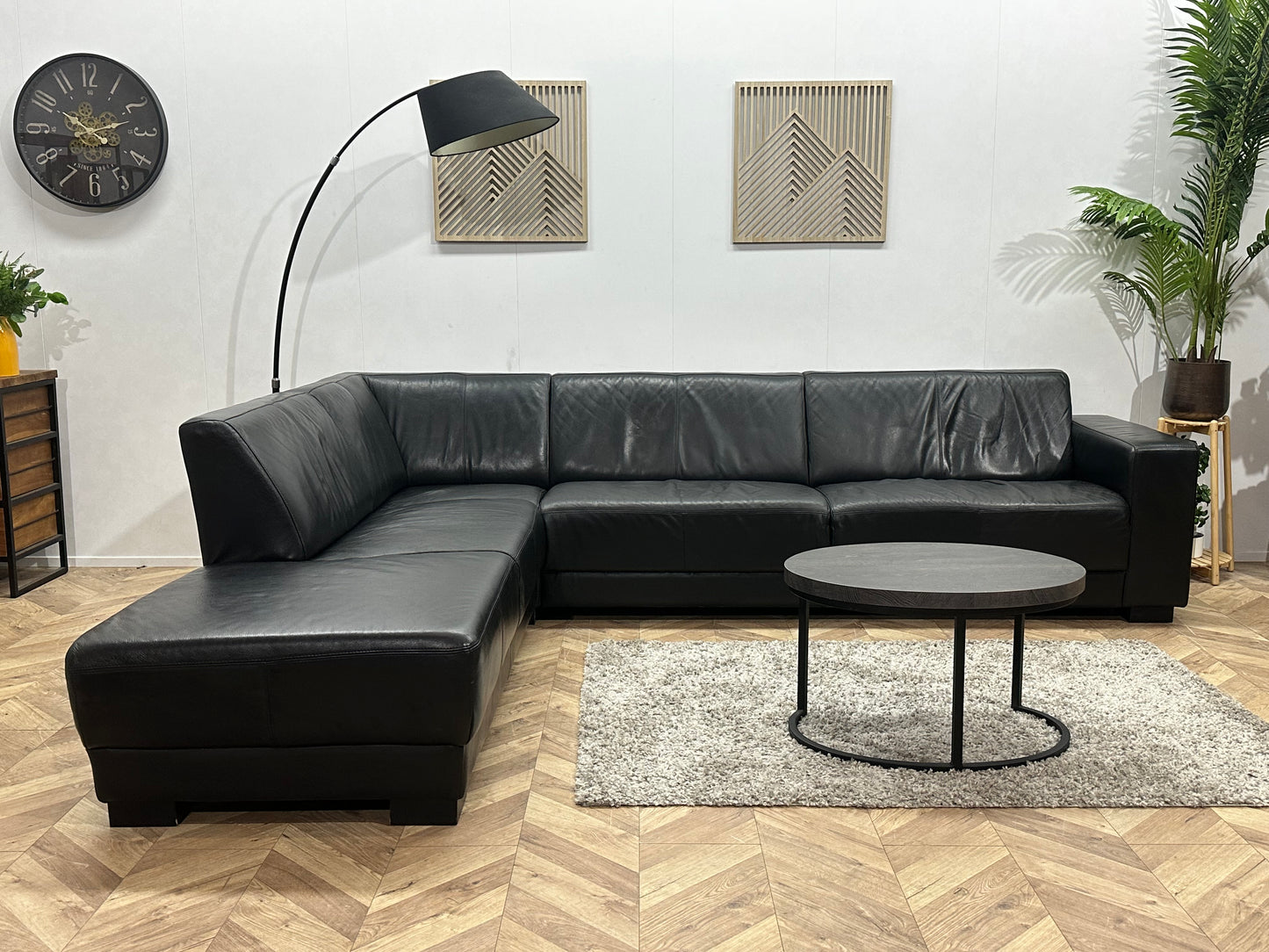 Zwart Echte Lederen Hoekbank ~ Vaste Kussens