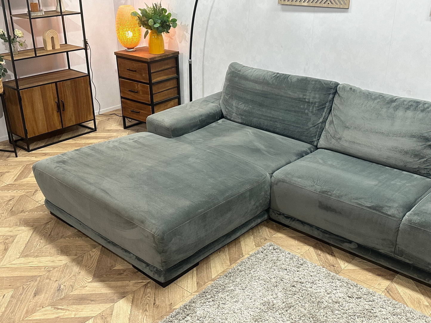 Antraciet Velvet Hoekbank ~ Vaste Kussens