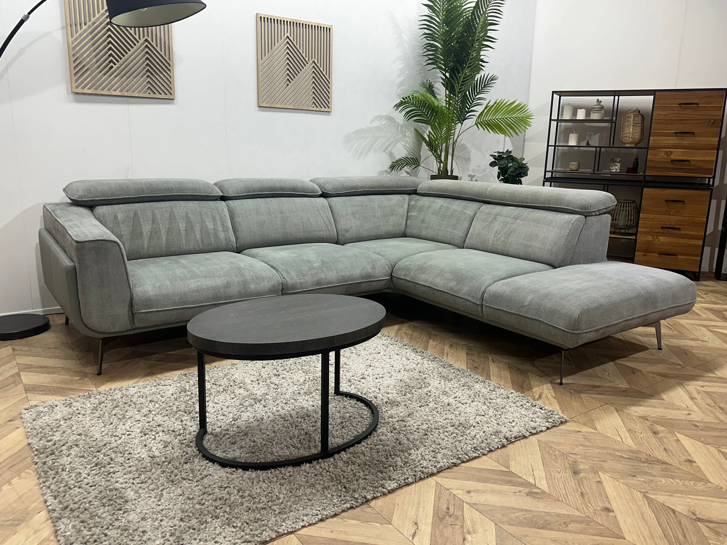 Xooon Licht Grijze/Blauwe Ribstof Hoekbank ~ Verstelbare Hoofdsteunen