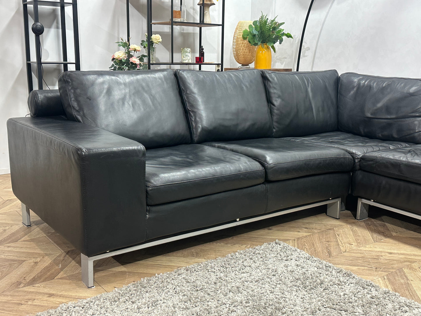 Leatherworld Zwarte Echt Lederen U Bank ~ Losse Kussens Met Afneembare Hoezen