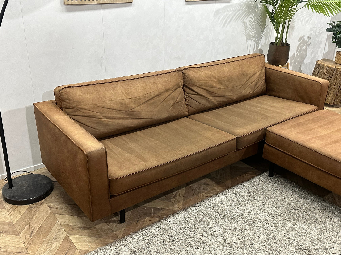 Woood Cognac Bruine Suède Stoffen Hoekbank Inc Fauteuil ~ Losse Kussens Met Afneembare Hoezen