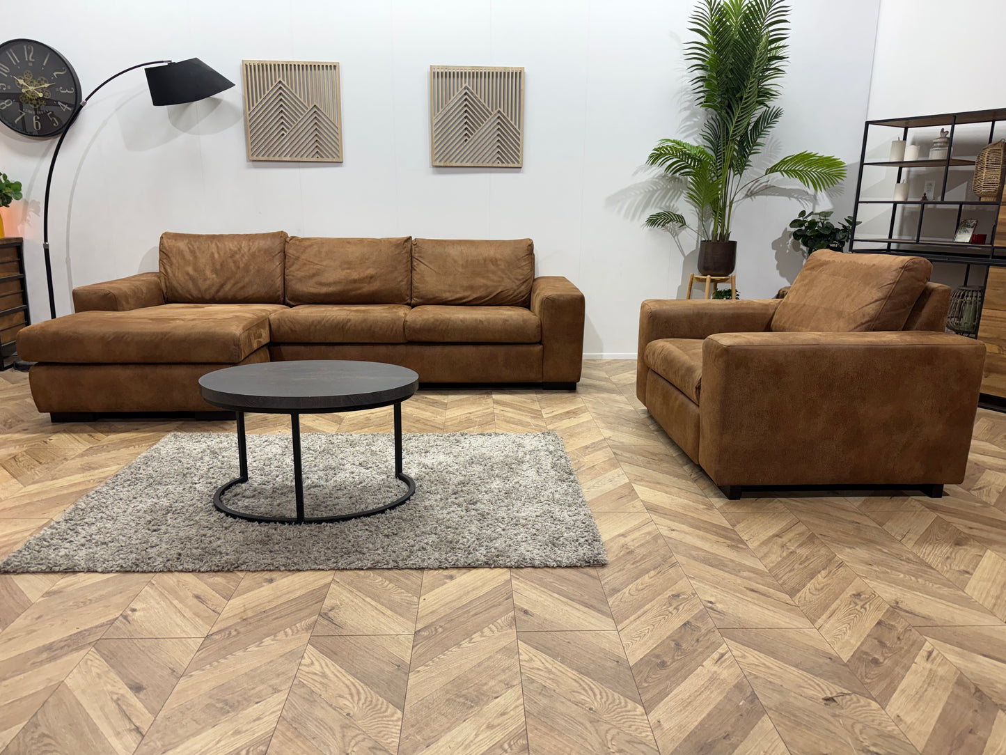 Cognac Bruine Suède Lederen Hoekbank Incl. Fauteuil