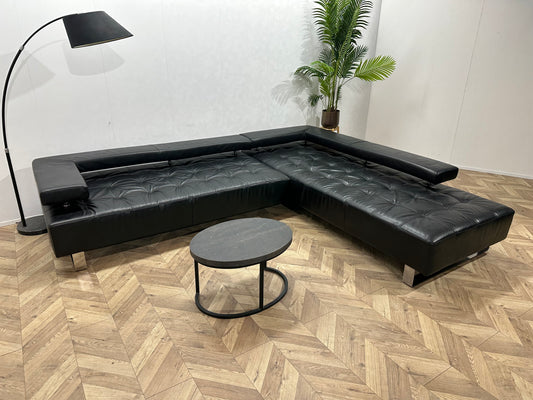 Montèl Zwart Echt Lederen Design Hoekbank ~ Vaste Kussens