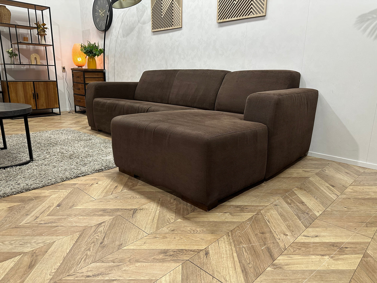 Bruine Ribstof Hoekbank ~ Vaste Kussens