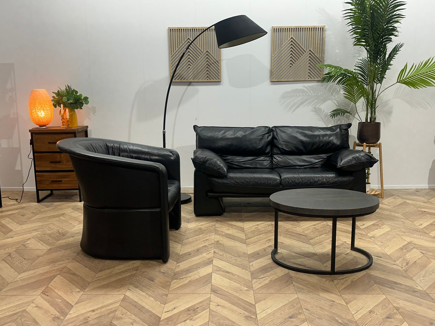 Zwarte Echt Lederen 2-Zits Inc Fauteuil ~ Vaste Kussens