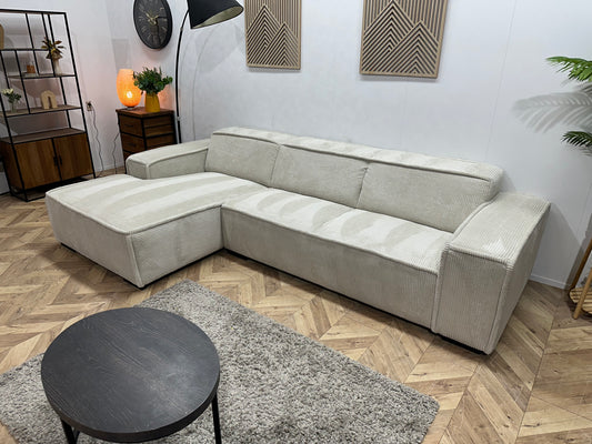 !Showroommodel! Crème Ribstof Hoekbank ~ Vaste Kussens