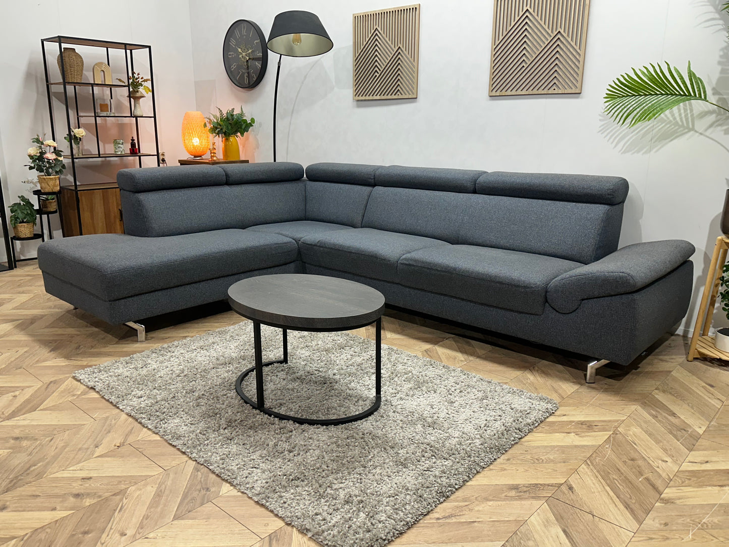 Montèl Blauwe/Grijze Hoekbank ~ Verstelbare Arm/Hoofdsteunen