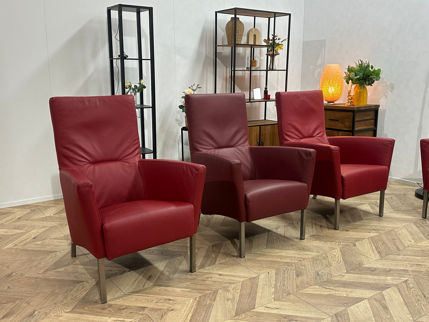 Rode Echt Lederen Stoelen Set