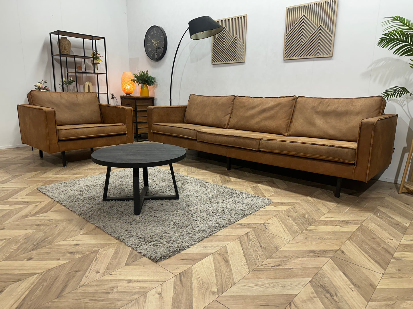 Be Pure Cognac Bruine Suède Stoffen 3-Zits Bank Inc Fauteuil ~ Losse Kussens Met Afneembare Hoezen