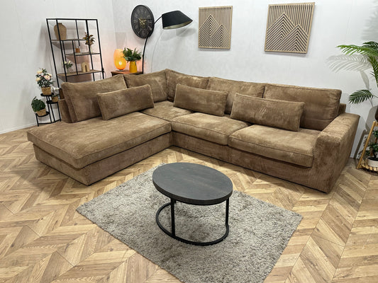 Bruine Ribstof Hoekbank ~ Losse Kussens Met Afneembare Hoezen