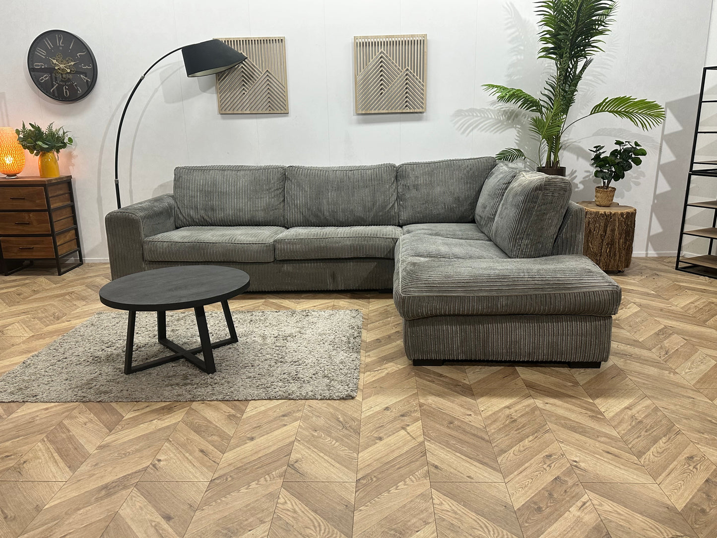 Grijze Ribstof Hoekbank ~ Losse Kussens Met Afneembare Hoezen