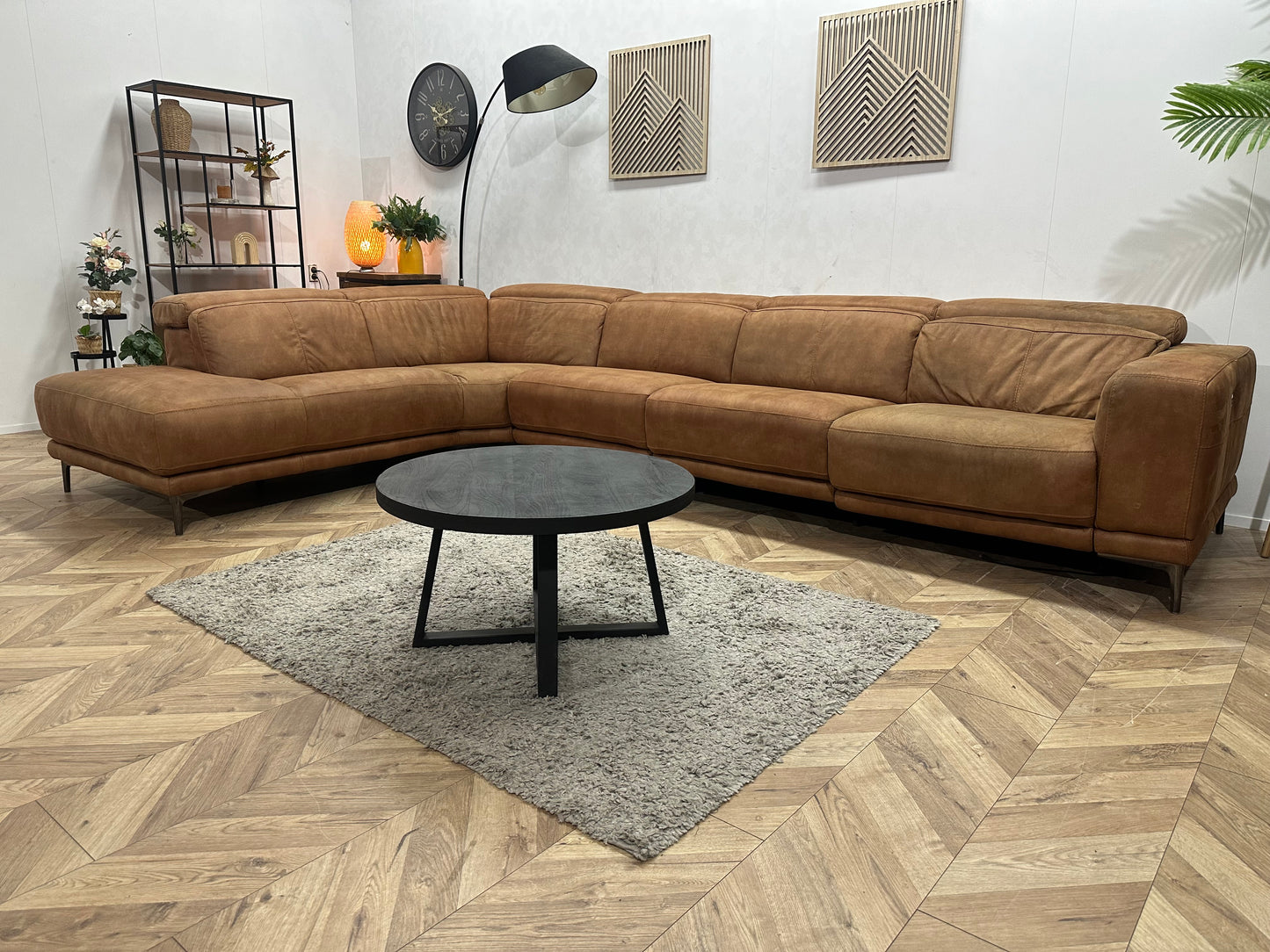 Cognac Bruine Suede Stoffen Hoekbank ~ Relaxfunctie
