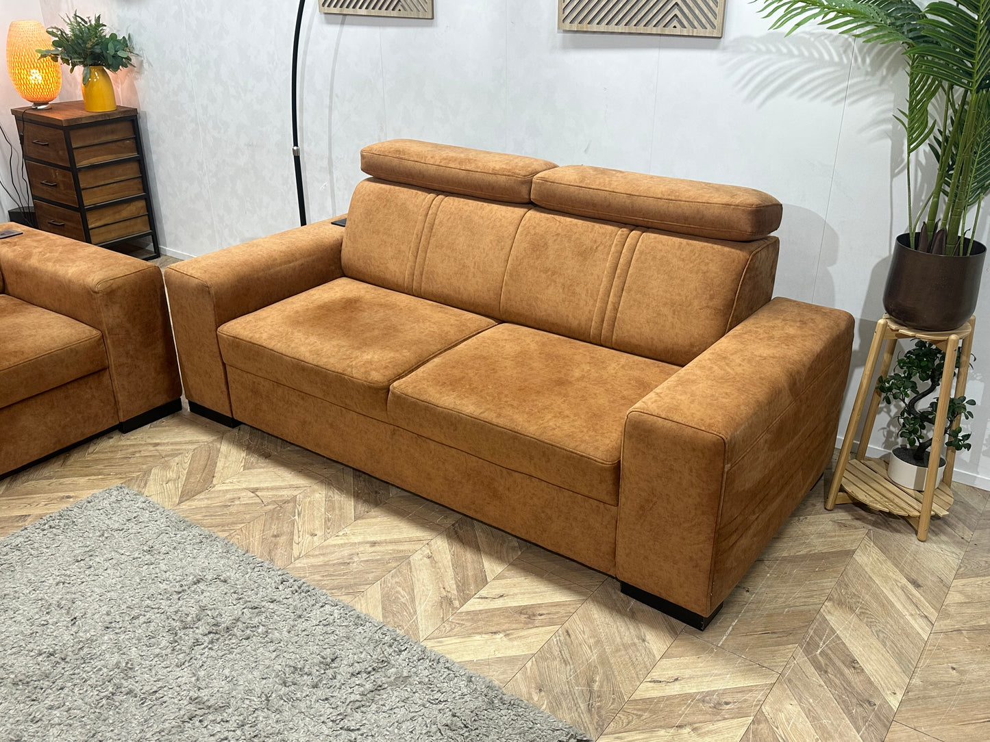 Cognac Bruine Velvet Banken Set ~ USB-Functie