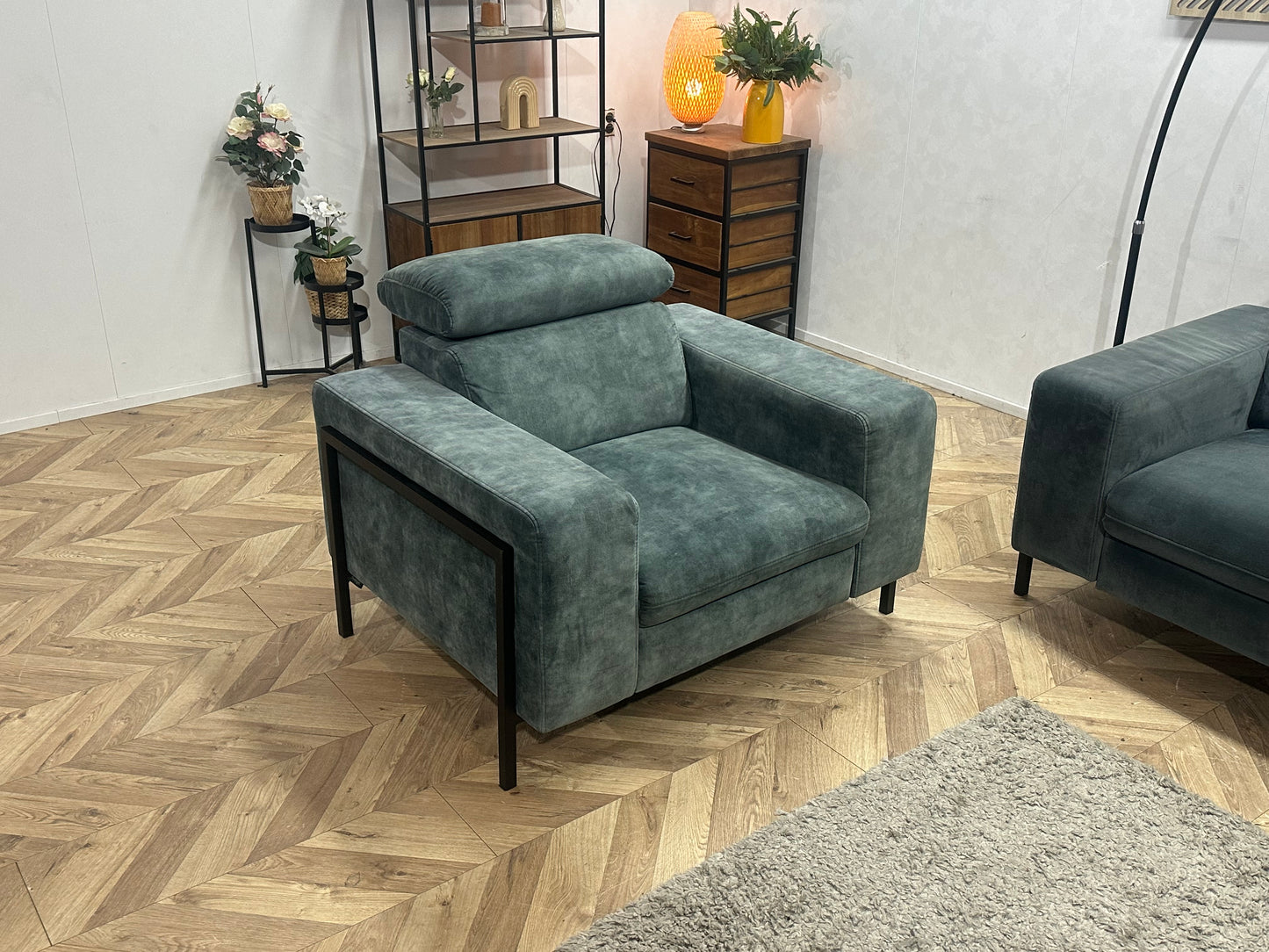 Feelings Blauw/Grijze Velvet 2,5-Zits Bank Inc Groen/Grijze Velvet Fauteuil ~ Verstelbare Hoofdsteunen