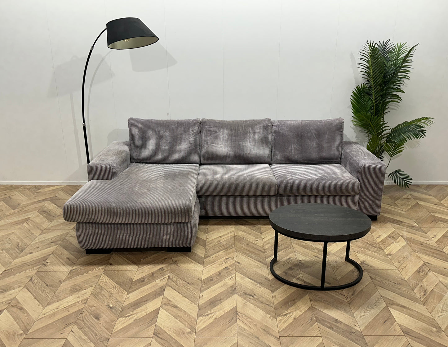 Licht Grijze Ribstof Hoekbank ~ Losse Kussens Met Afneembare Hoezen