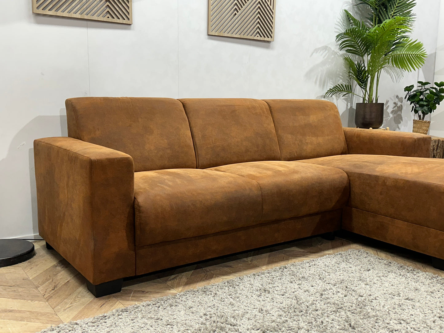 Cognac Bruine Suède Stoffen Hoekbank ~ Vaste Kussens
