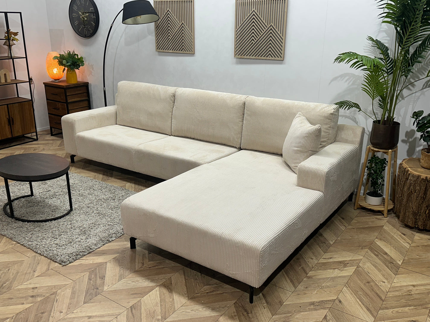 !Showroommodel! Witte/Crème Ribstof Hoekbank