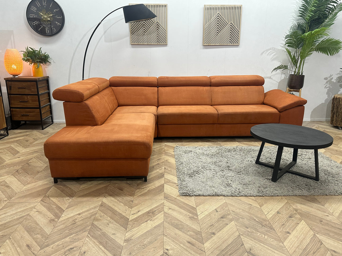 Cognac Bruine Suède Stoffen Hoekbank ~ Verstelbare Arm/ Hoofdsteunen