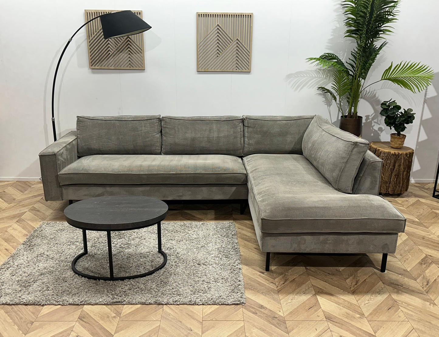 Woood Licht Grijze Ribstof Hoekbank ~ Losse Kussens Met Afneembare Hoezen