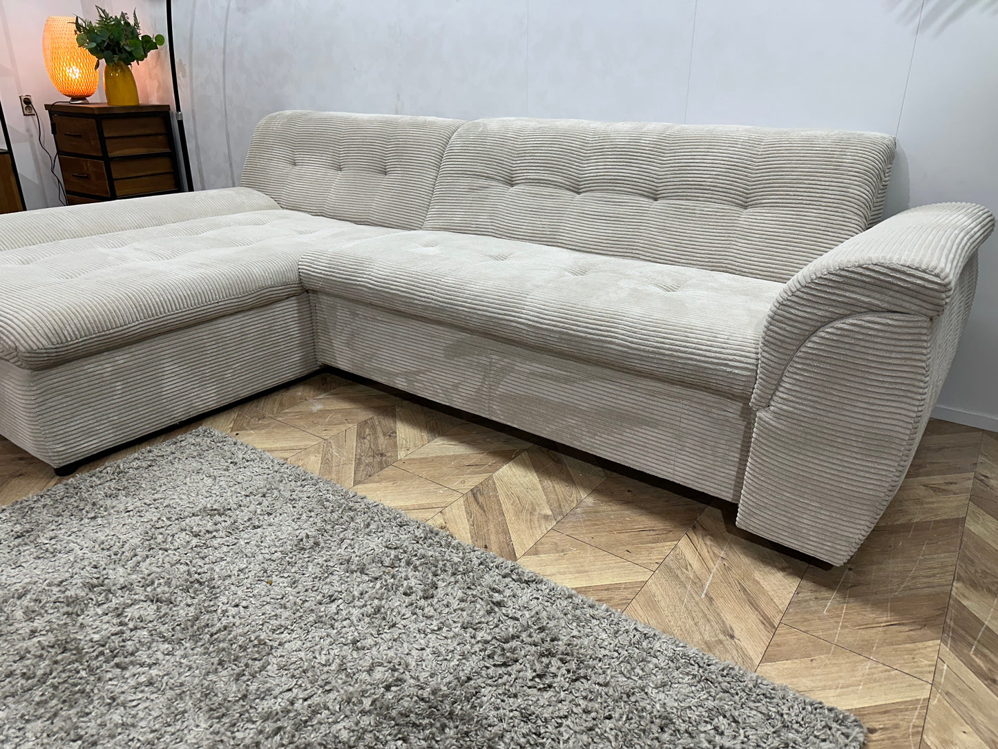 !Showroommodel! Crème Ribstof Hoekbank ~ Opbergruimte