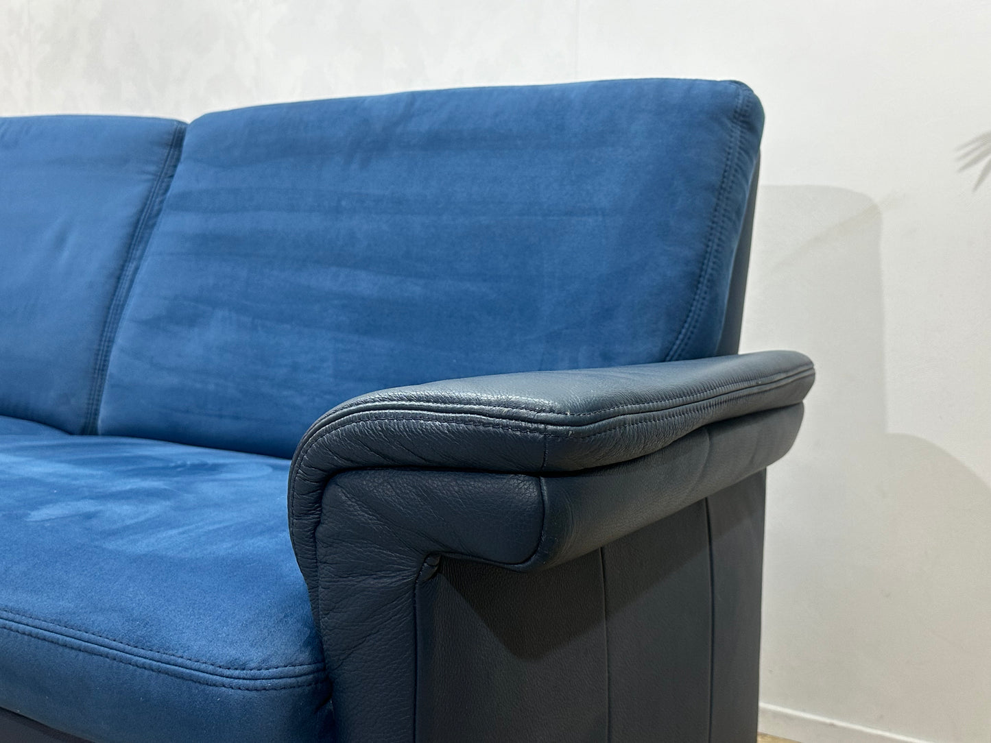 Blauwe Velvet/Lederen 2.5-Zits Bank ~ Vaste Kussens