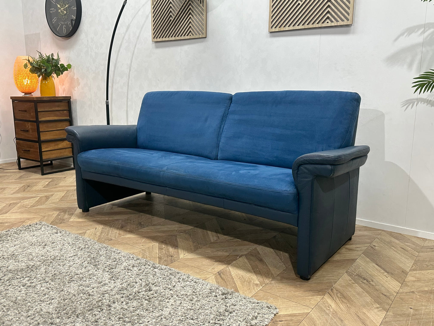 Blauwe Velvet/Lederen 2.5-Zits Bank ~ Vaste Kussens