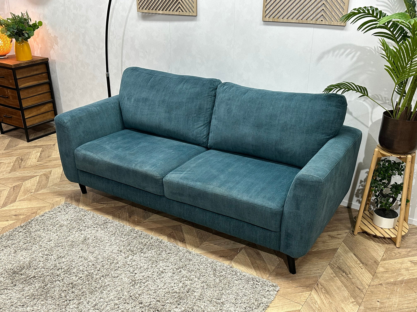 Blauwe Ribstof 2.5-Zits Bank ~ Losse Rugkussens Met Afneembare Hoezen