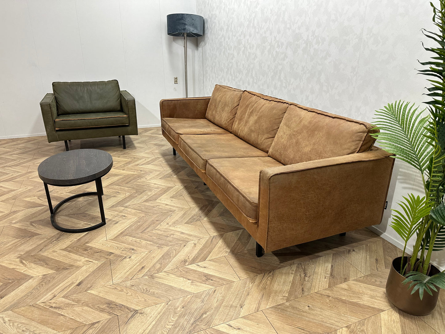 Be Pure Cognac Bruine 3-Zits Bank Inc. Groene Fauteuil - Losse Kussens