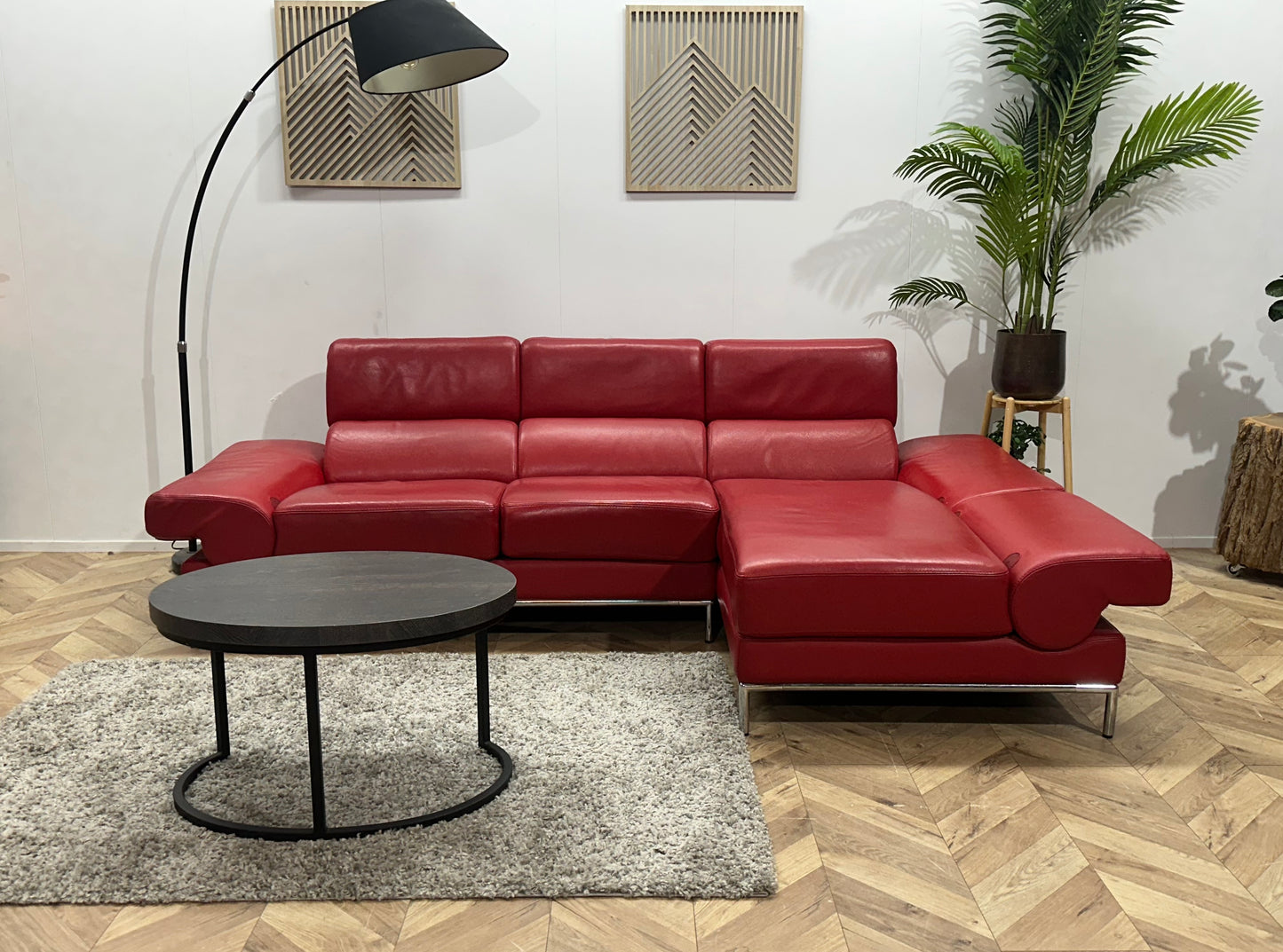 Rode Echt Lederen Hoekbank ~ Verstelbare Arm/Hoofdsteunen