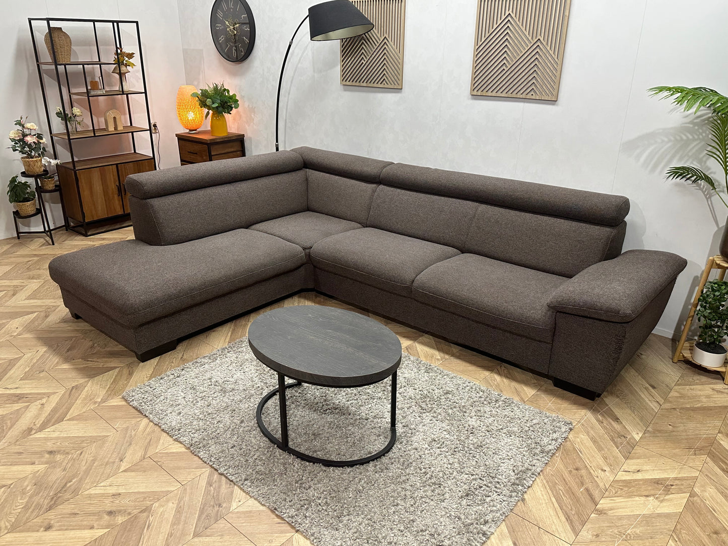 Bruine/Grijze Hoekbank ~ Verstelbare Arm/Hoofdsteunen